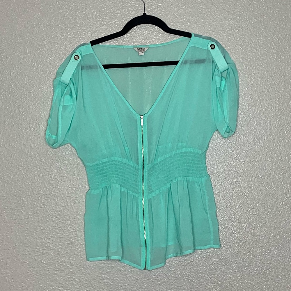 GUESS Sheer Blue Teal Shirt Blouse Size S